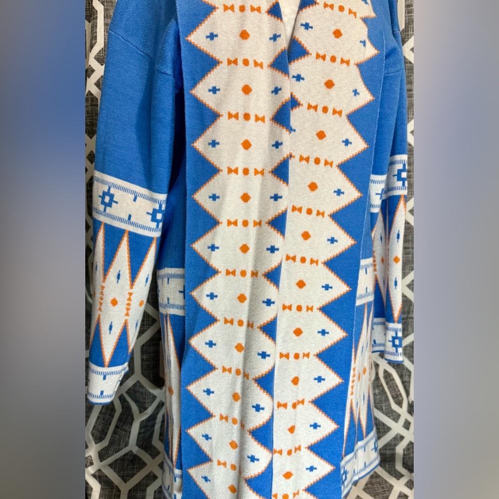 Bold Blue and White Geometric Cardigan